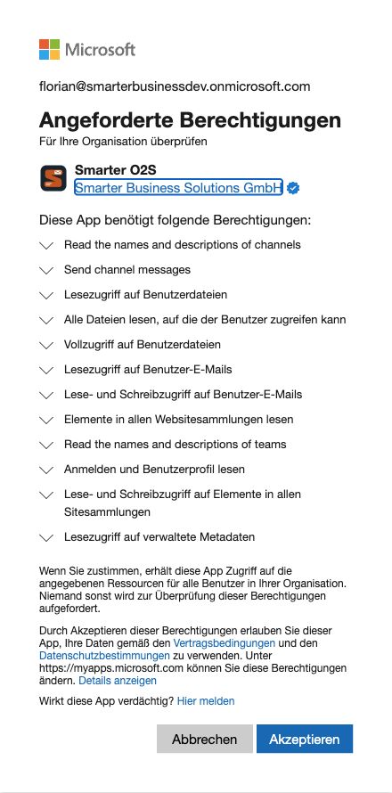 Microsoft-Dialog für Smarter O2S mit verifiziertem Herausgeber Smarter Business Solutions GmbH, zwölf Standardberechtigungen und Organisationsfreigabe.