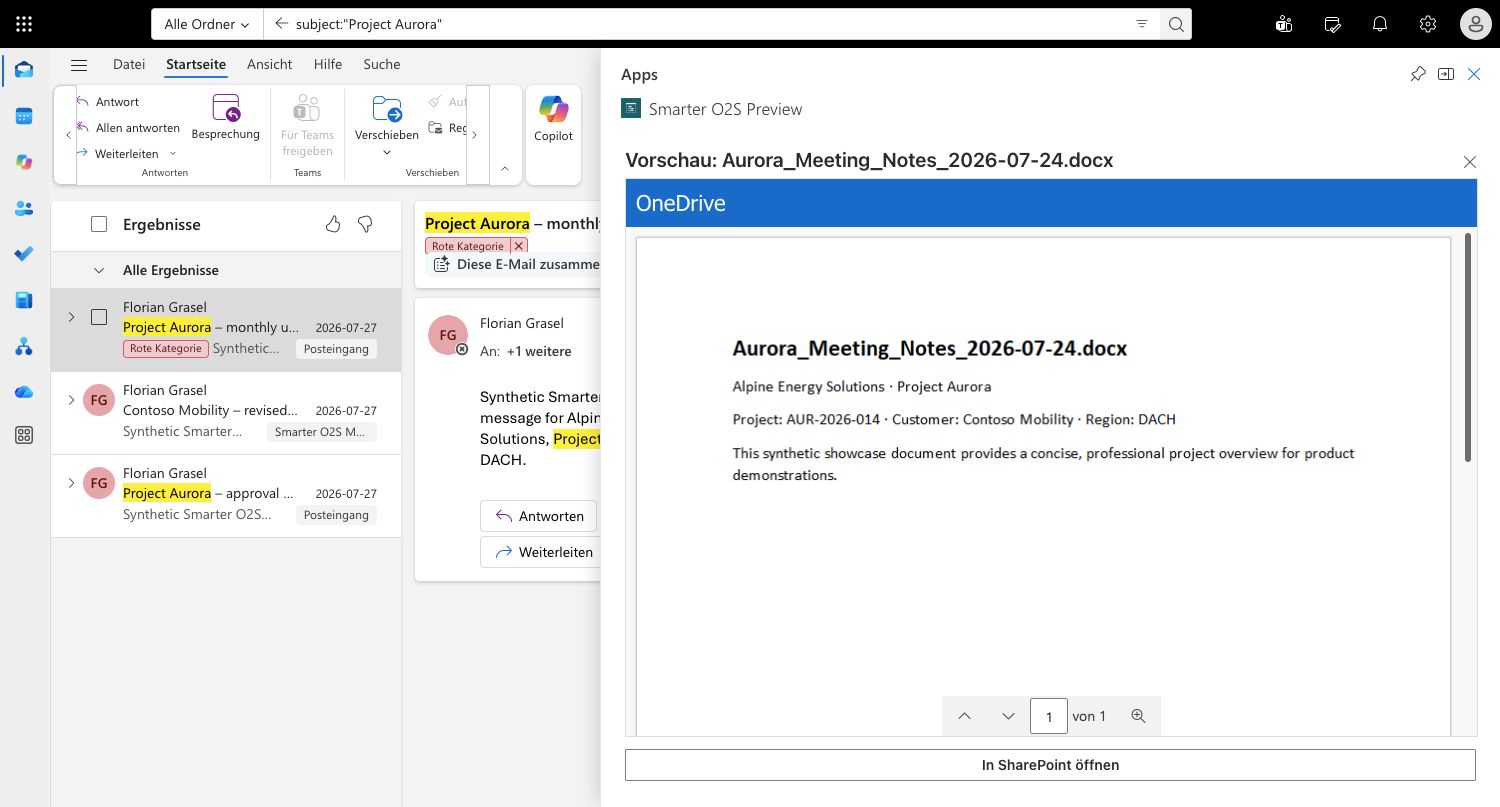 Echte Microsoft-Word-Vorschau im erweiterten O2S-Arbeitsbereich in Outlook mit Project-Aurora-Demodaten.