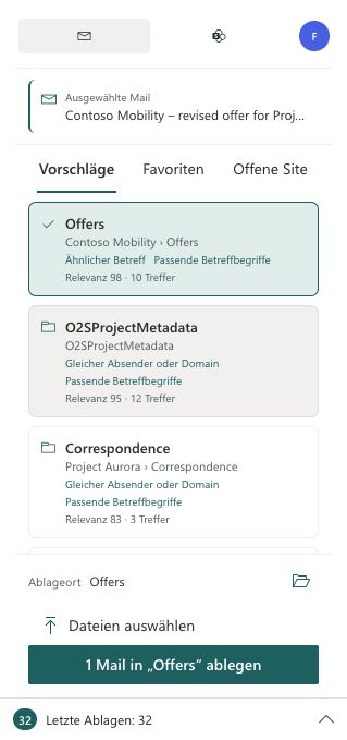 Ausgewählte Contoso-Mobility-Mail mit dem Ziel Offers und der Aktion zum Ablegen einer Mail.