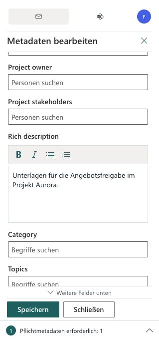 Nach unten gescrolltes Metadatenformular mit Personenfeldern, Rich description und weiterhin sichtbaren Aktionen Speichern und Schließen.