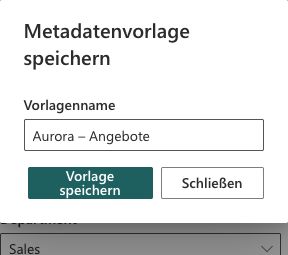 Dialog Metadatenvorlage speichern mit dem Namen Aurora – Angebote und den Schaltflächen Vorlage speichern und Schließen.