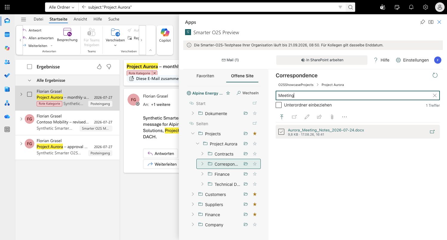 O2S im erweiterten Outlook-Bereich: Suche nach Meeting im Projektordner Correspondence mit einem ausgewählten Word-Dokument als Treffer.