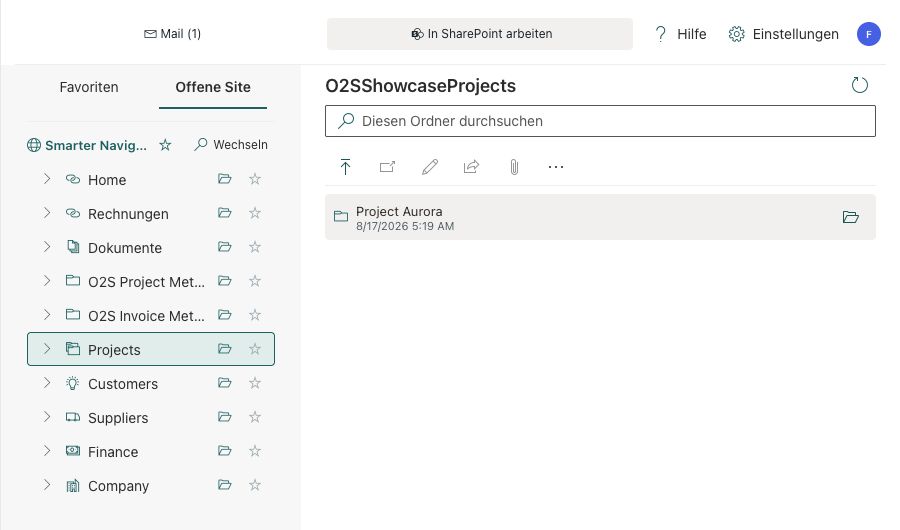 Erweiterter O2S-SharePoint-Arbeitsbereich: links Site-Navigation, rechts die offene Projektbibliothek mit Ordnersuche und Upload-Aktion.
