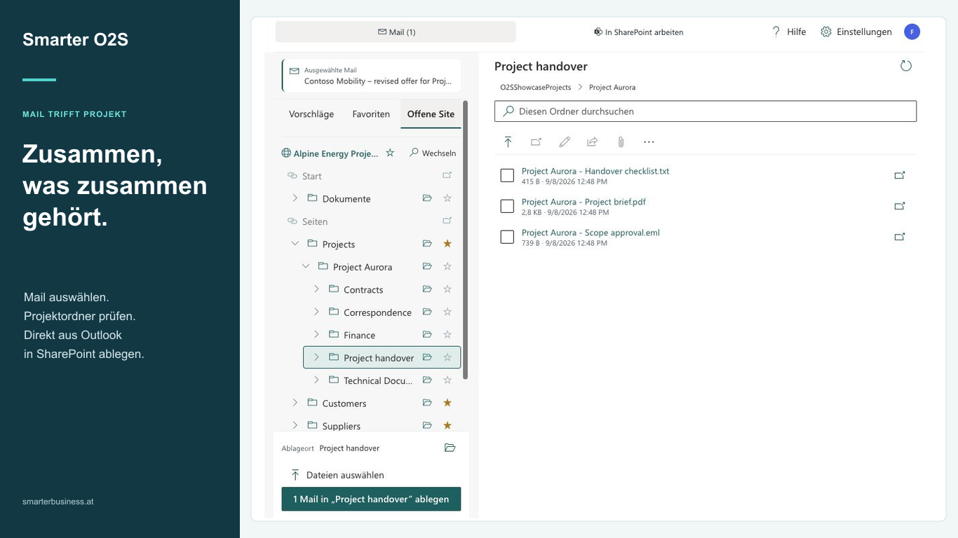 Smarter O2S schlägt direkt in Outlook einen passenden SharePoint-Ablageort für eine E-Mail vor