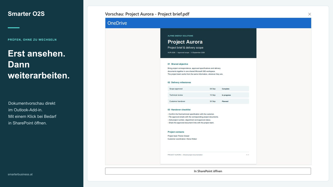 Dokumentvorschau innerhalb des Smarter-O2S-Arbeitsbereichs in Outlook