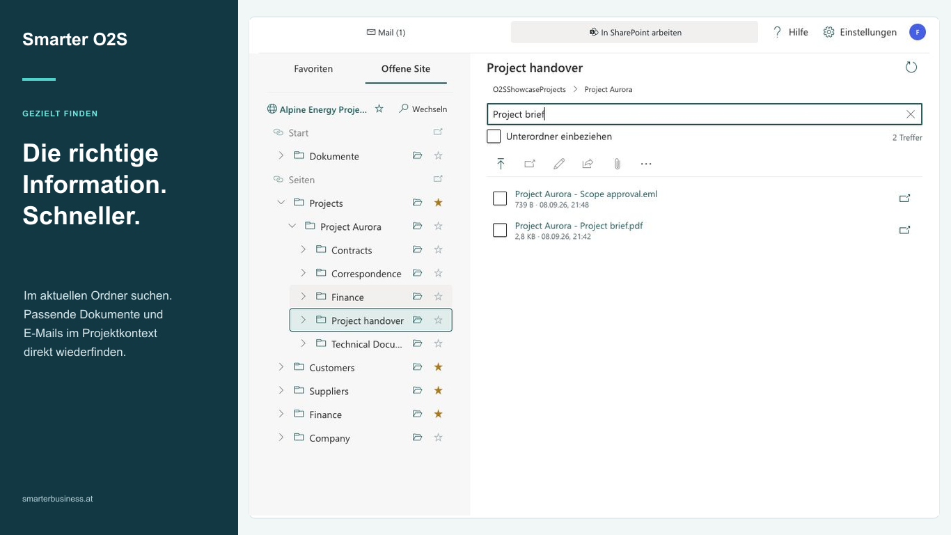 Suche nach einem Dokument im erweiterten SharePoint-Arbeitsbereich von Smarter O2S