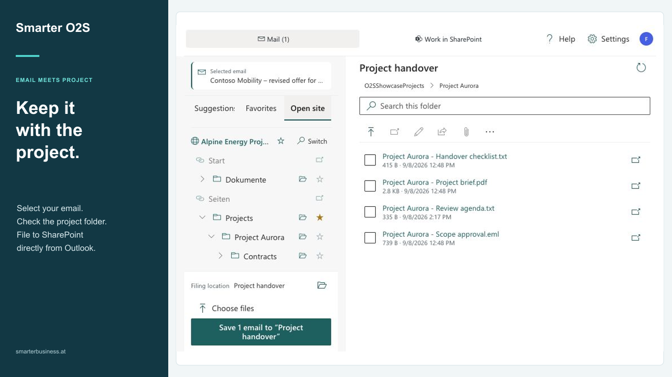 Smarter O2S suggests a SharePoint filing destination for the selected email directly in Outlook