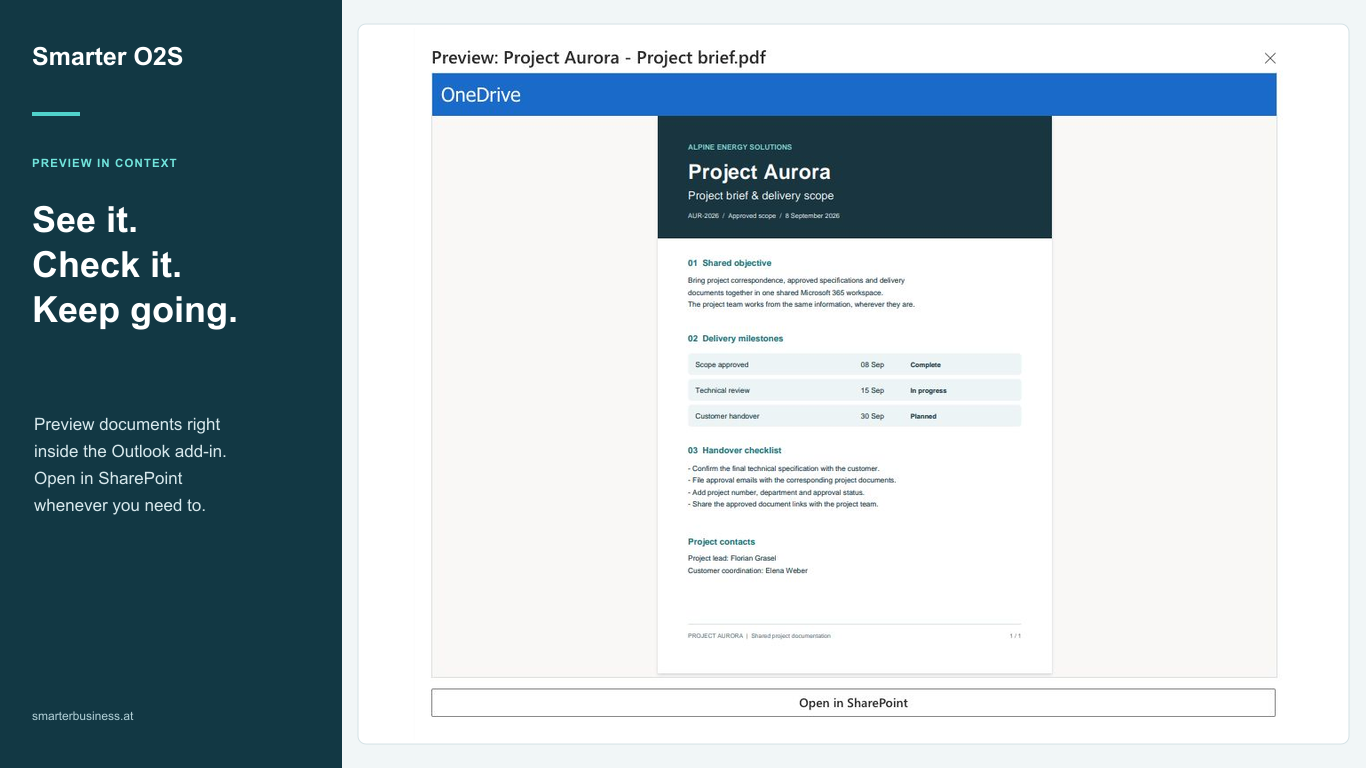 Document preview inside the Smarter O2S workspace in Outlook