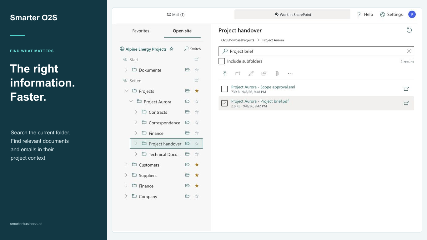 Searching for a document in the expanded Smarter O2S SharePoint workspace