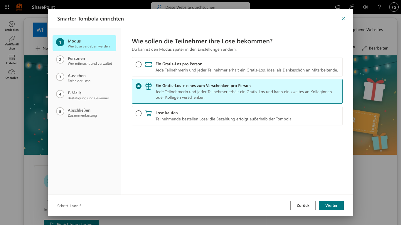 Einrichtungsassistent von Smarter Tombola im Schritt Modus