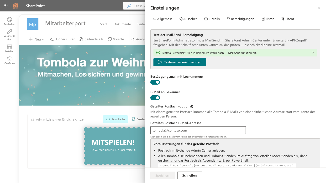Einstellungen von Smarter Tombola, Registerkarte E-Mails