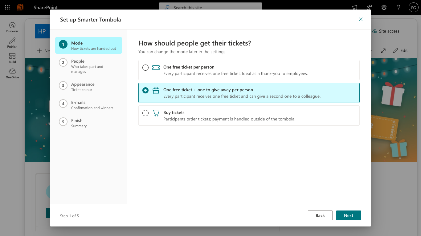Smarter Tombola setup assistant at the Mode step