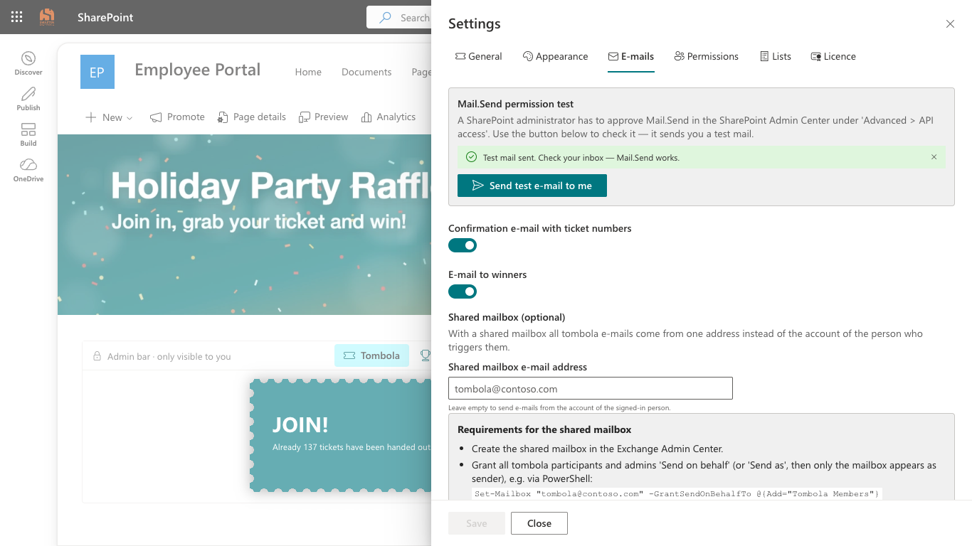 Smarter Tombola settings, Emails tab