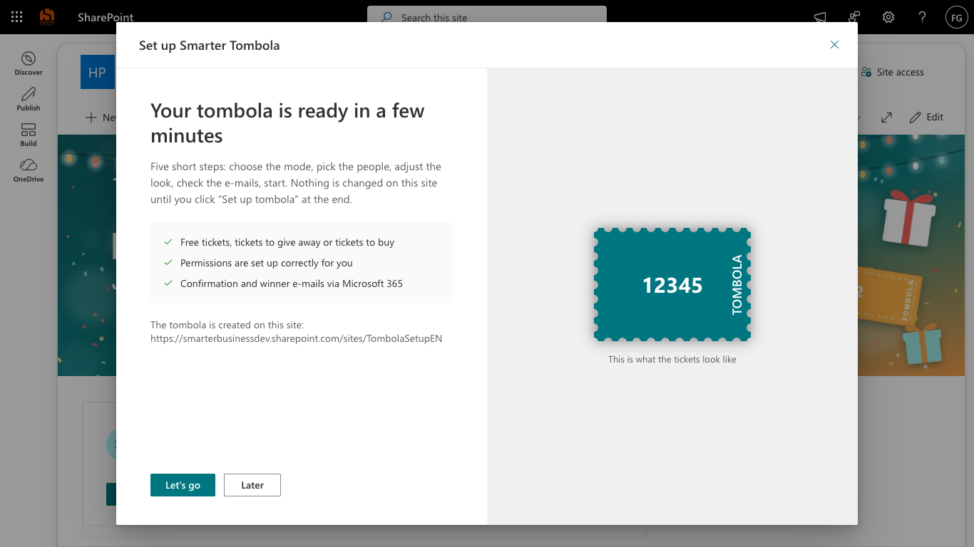 Welcome page of the Smarter Tombola setup assistant