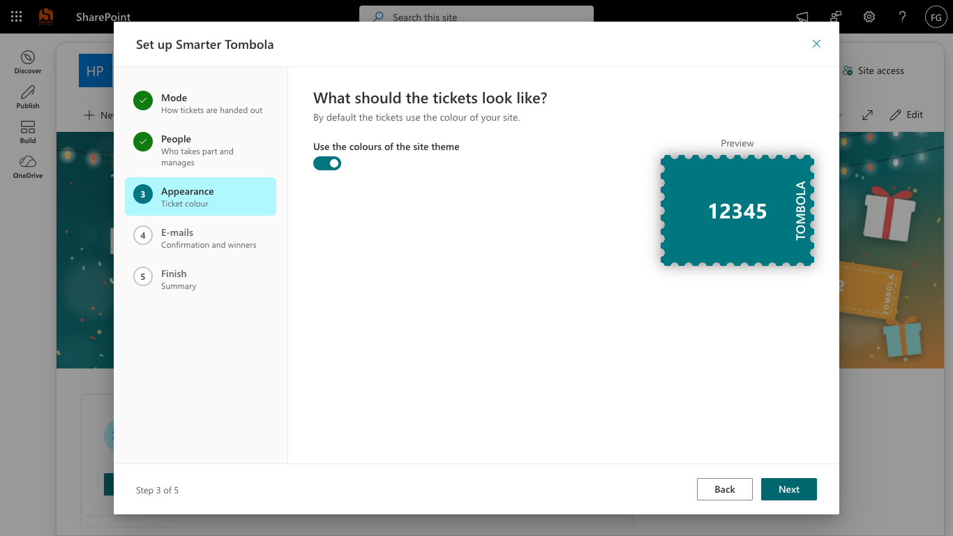 Setup assistant at the Appearance step with a ticket preview