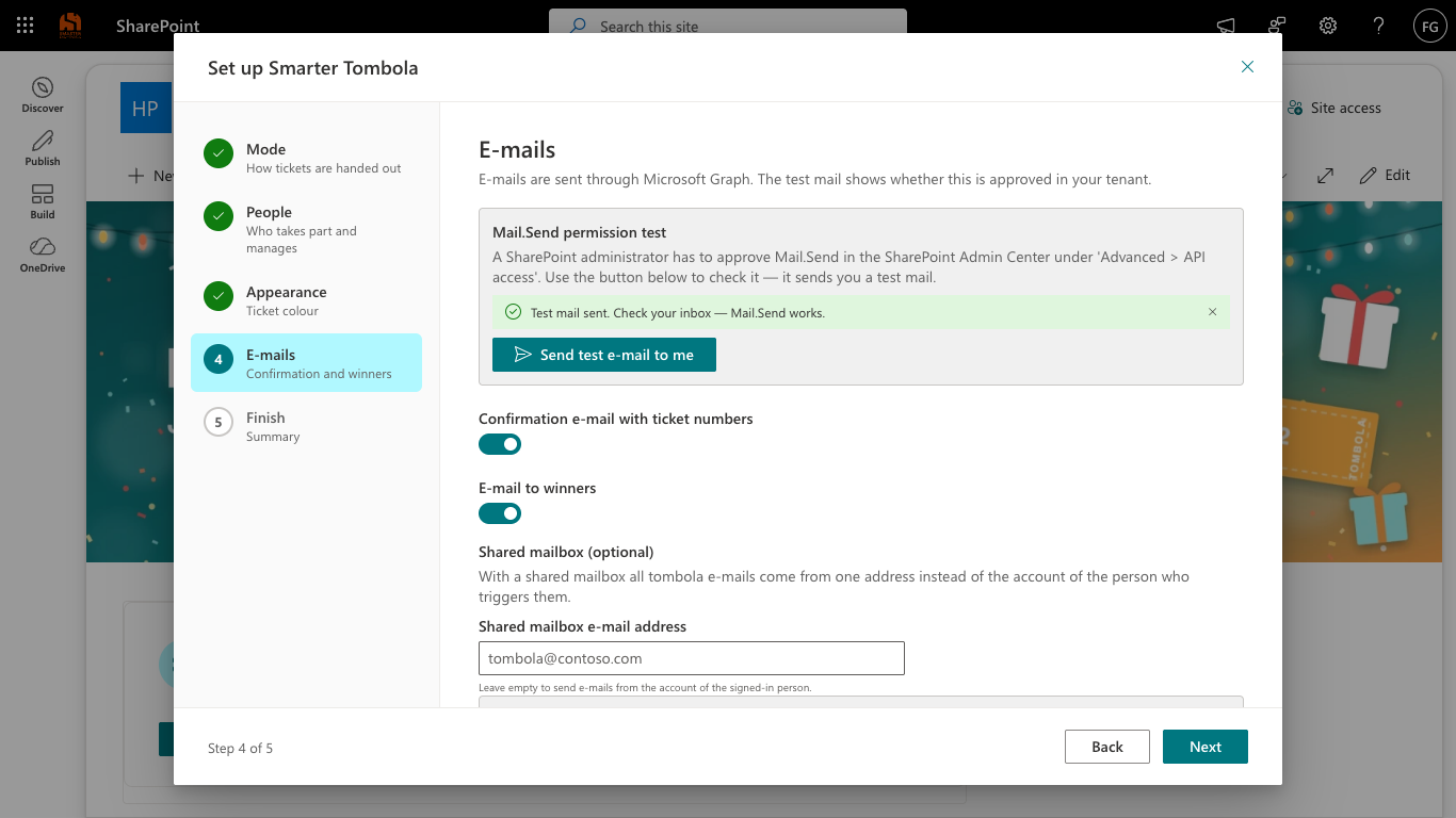 Setup assistant at the Emails step with the test email and the shared mailbox