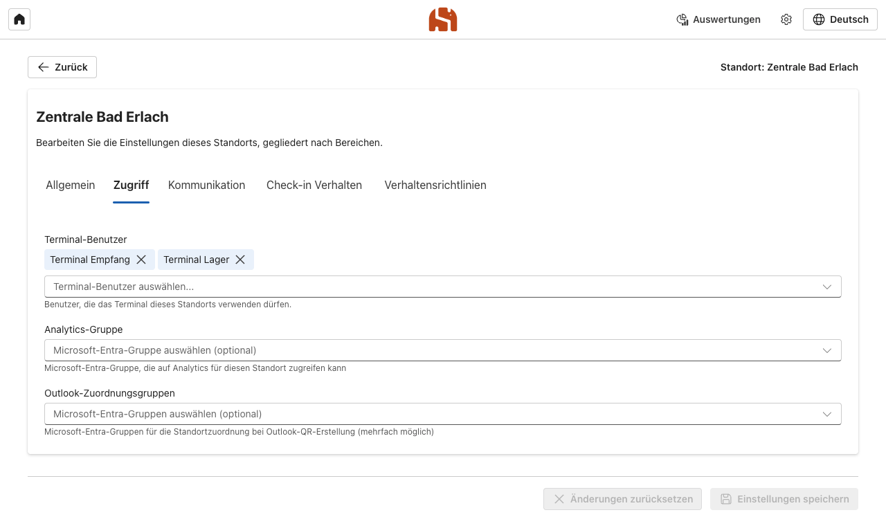Reiter Zugriff mit Terminal-Benutzern, Analytics-Gruppe und Outlook-Zuordnungsgruppen