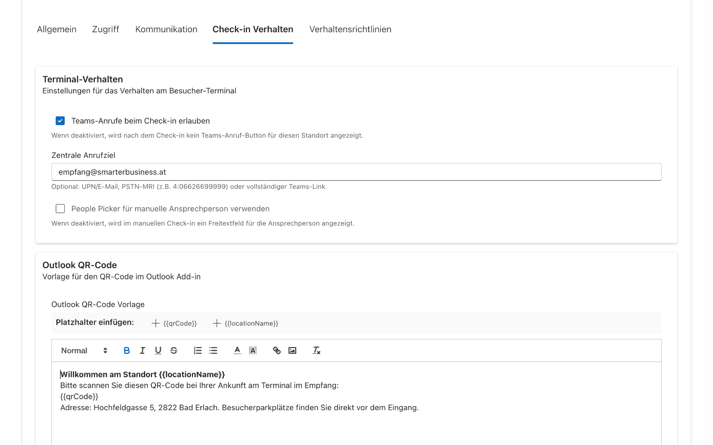 Reiter Check-in Verhalten mit Teams-Anrufen, Zentrale Anrufziel und People Picker