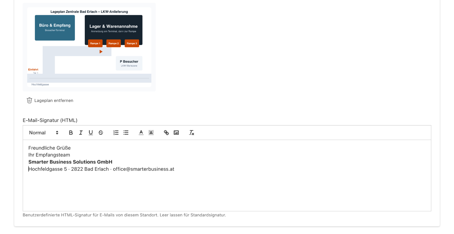 Reiter Kommunikation mit hochgeladenem LKW-Lageplan und E-Mail-Signatur