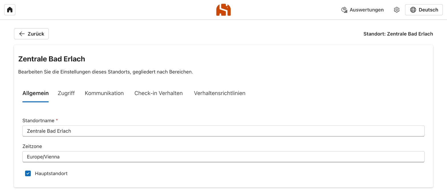 Detailseite eines Standorts mit den Reitern Allgemein, Zugriff, Kommunikation, Check-in Verhalten und Verhaltensrichtlinien