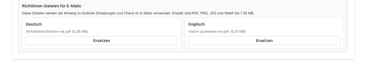 Bereich Richtlinien-Dateien mit je einer hochgeladenen PDF-Datei für Deutsch und Englisch
