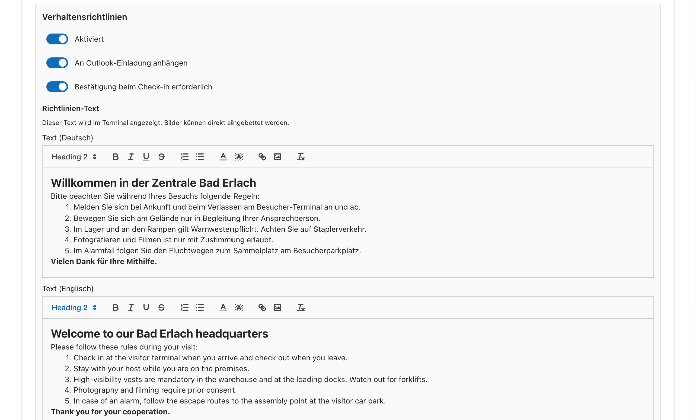 Reiter Verhaltensrichtlinien mit drei Schaltern und den Texteditoren für Deutsch und Englisch