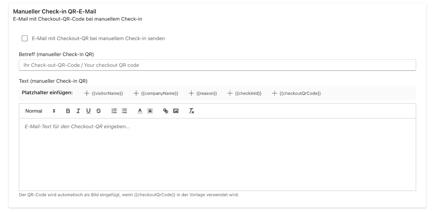 E-Mail-Vorlage für den manuellen Check-in mit Schaltflächen zum Einfügen von Platzhaltern