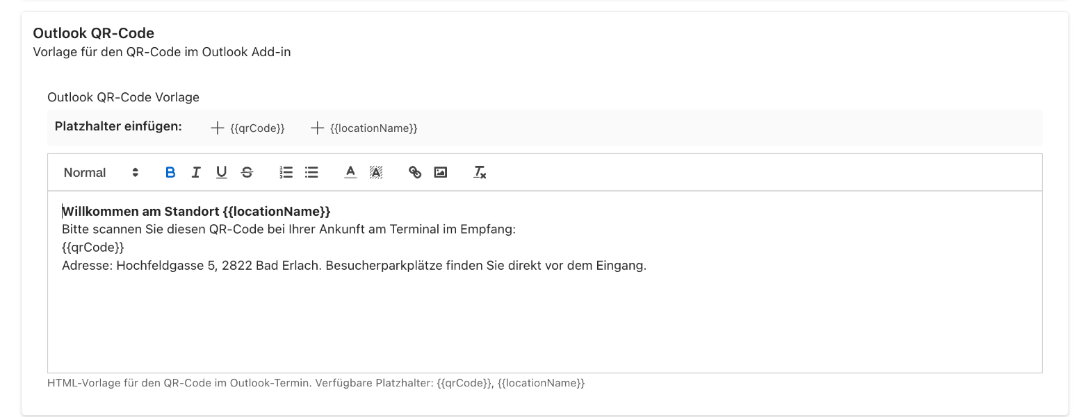 Editor für die Outlook-QR-Code-Vorlage mit den Platzhaltern qrCode und locationName