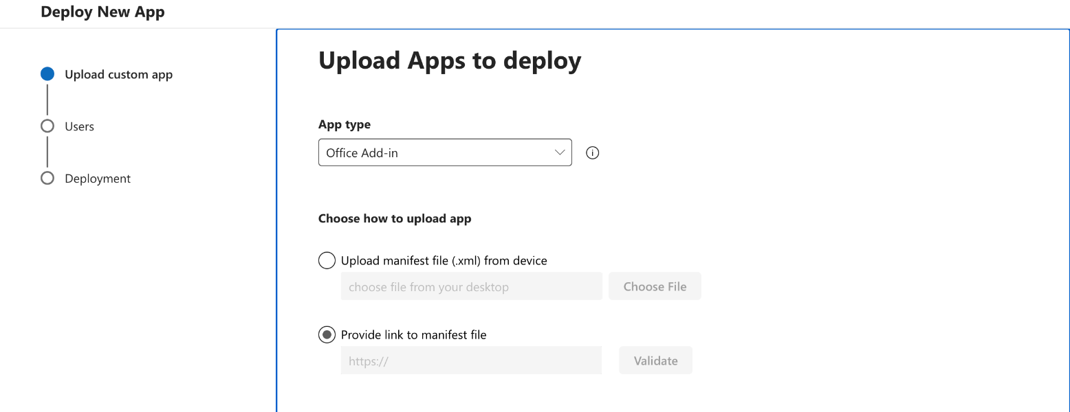 Microsoft 365 Admin Center mit der Seite Integrierte Apps und der Schaltfläche zum Hochladen benutzerdefinierter Apps