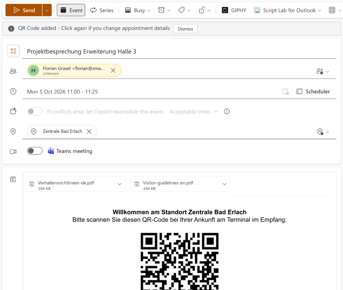 Outlook-Termin mit eingefügtem QR-Code für die Besucheranmeldung