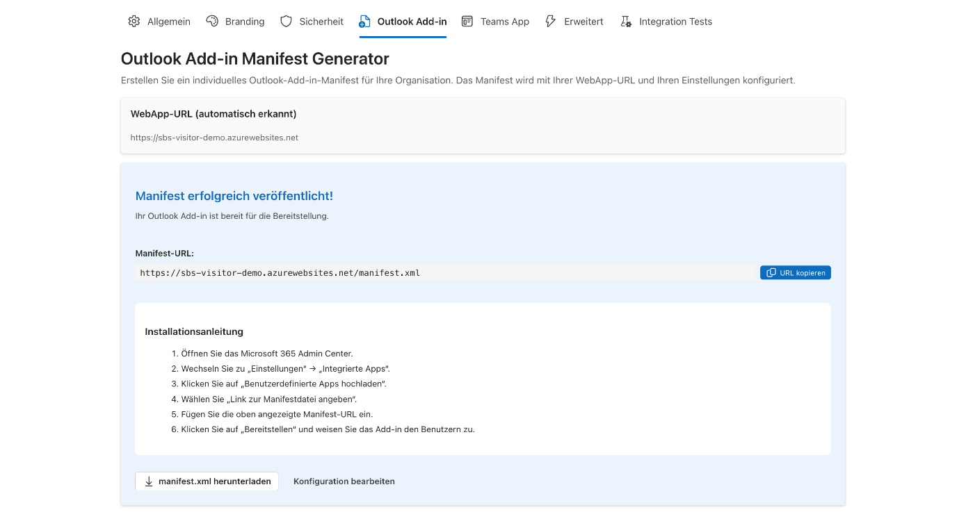 Bestätigung nach dem Veröffentlichen mit der Manifest-Adresse und der Schaltfläche zum Herunterladen