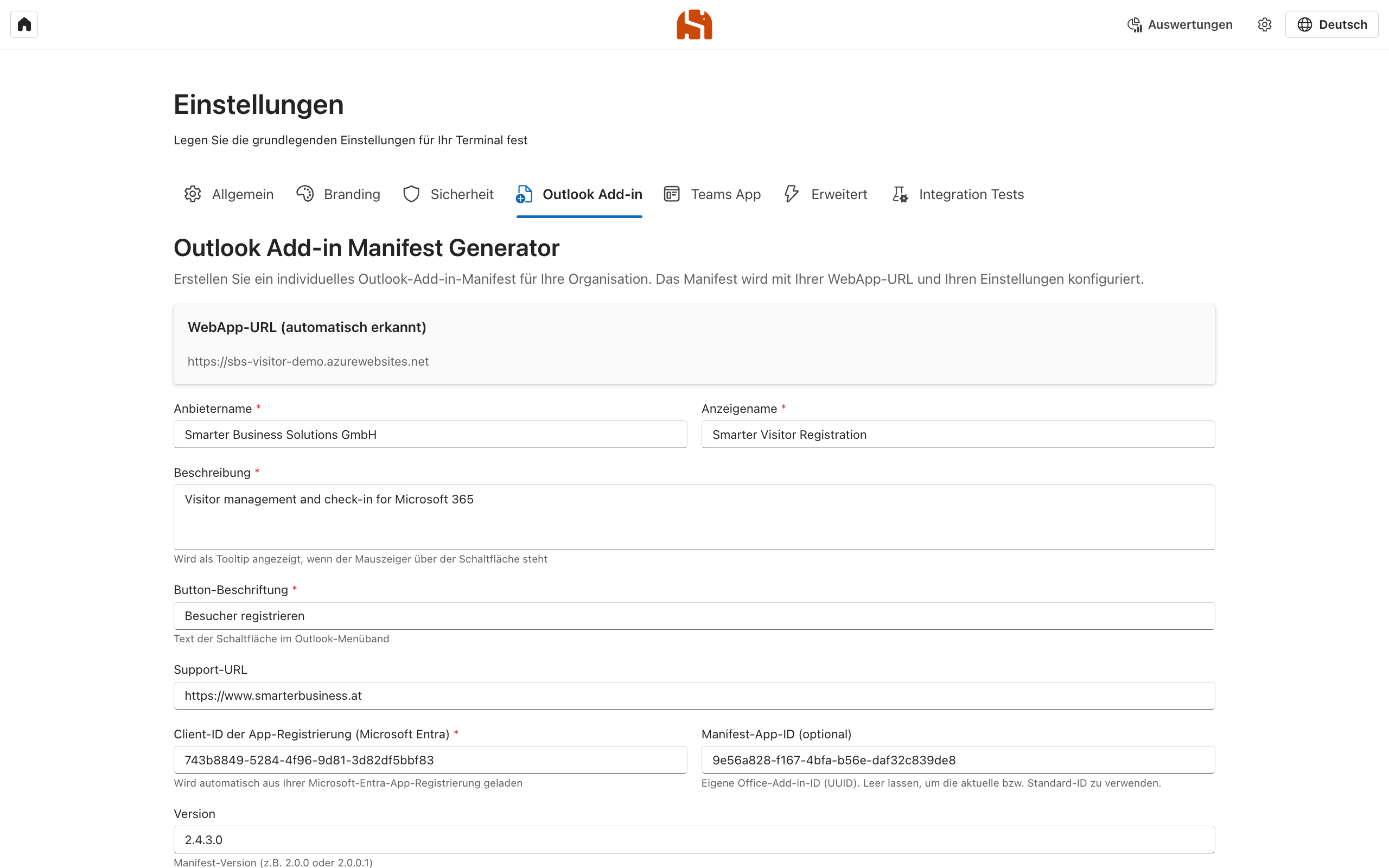 Reiter Outlook Add-in mit den Feldern des Manifests