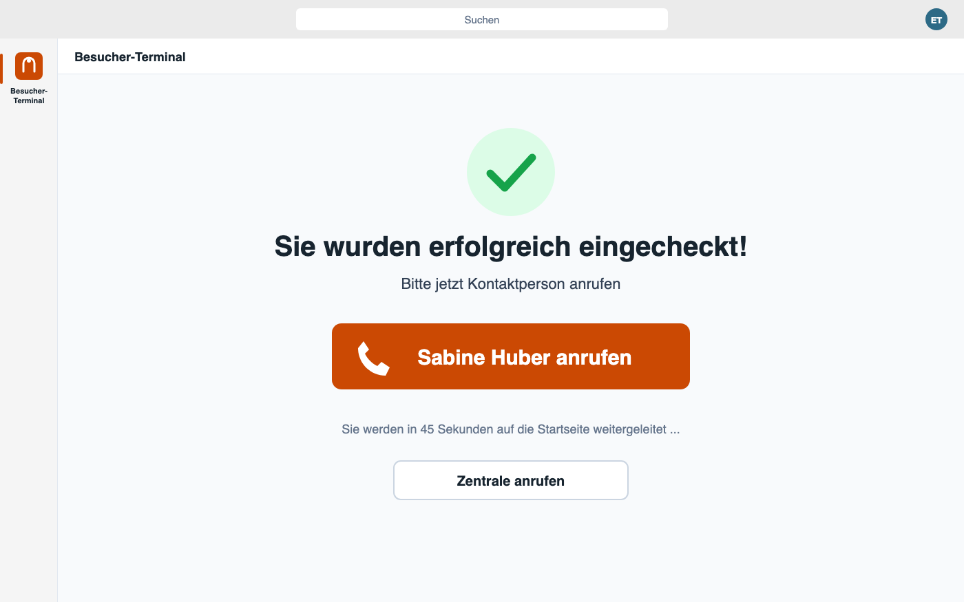 Schematische Darstellung des Terminals in Microsoft Teams mit der Schaltfläche zum Anrufen der Ansprechperson nach dem Check-in