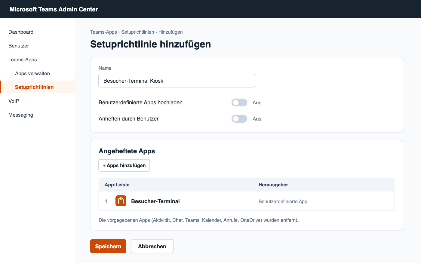 Schematische Darstellung einer Setuprichtlinie im Teams Admin Center mit dem Besucher-Terminal als einziger angehefteter App