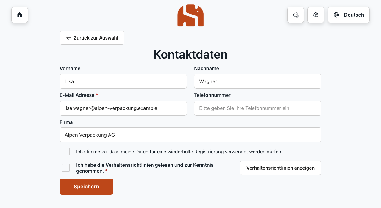 Formular Kontaktdaten mit Einwilligung und Bestätigung der Verhaltensrichtlinien