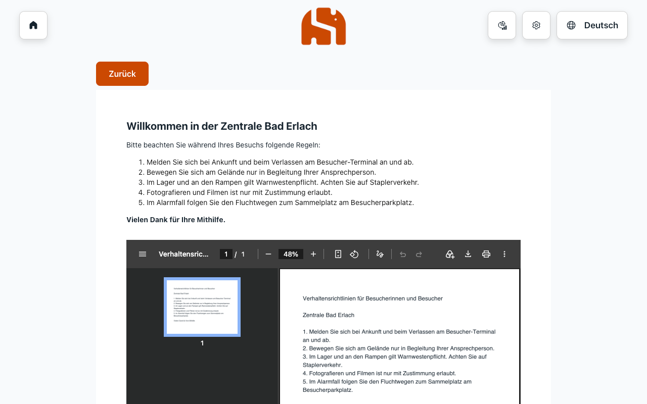 Anzeige der Verhaltensrichtlinien am Terminal mit Überschrift und nummerierten Regeln