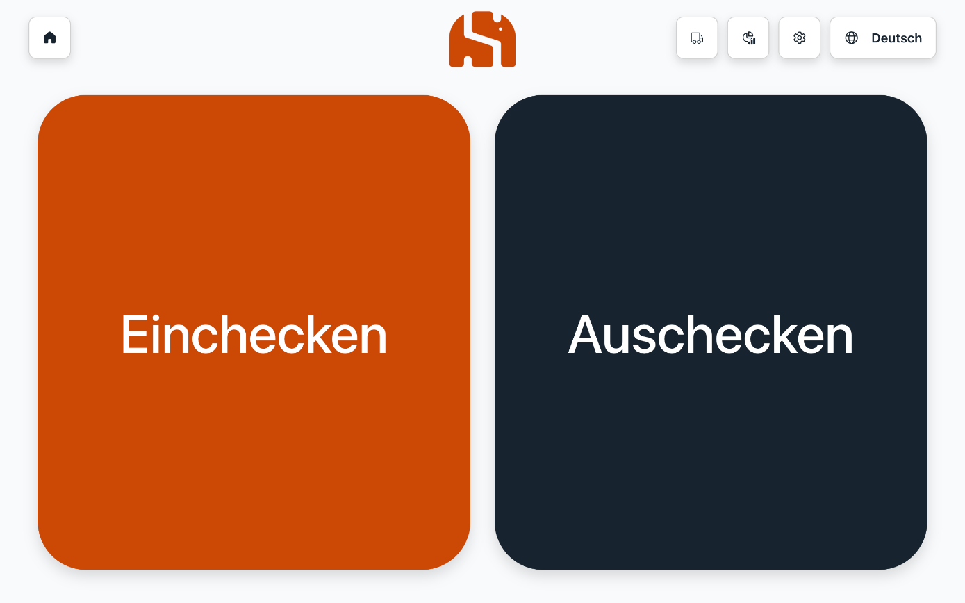 Startbildschirm des Terminals mit den Schaltflächen Einchecken und Auschecken
