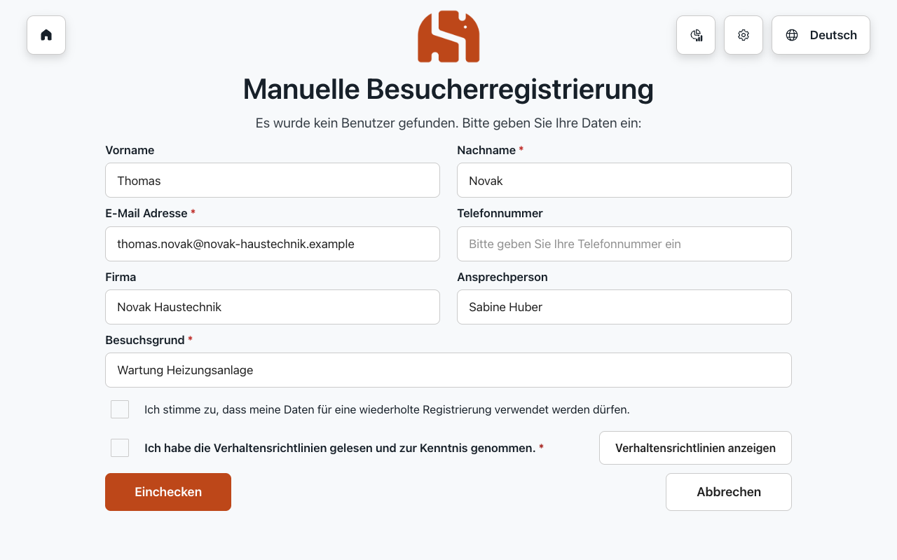 Formular Manuelle Besucherregistrierung mit Name, E-Mail, Firma, Ansprechperson und Besuchsgrund