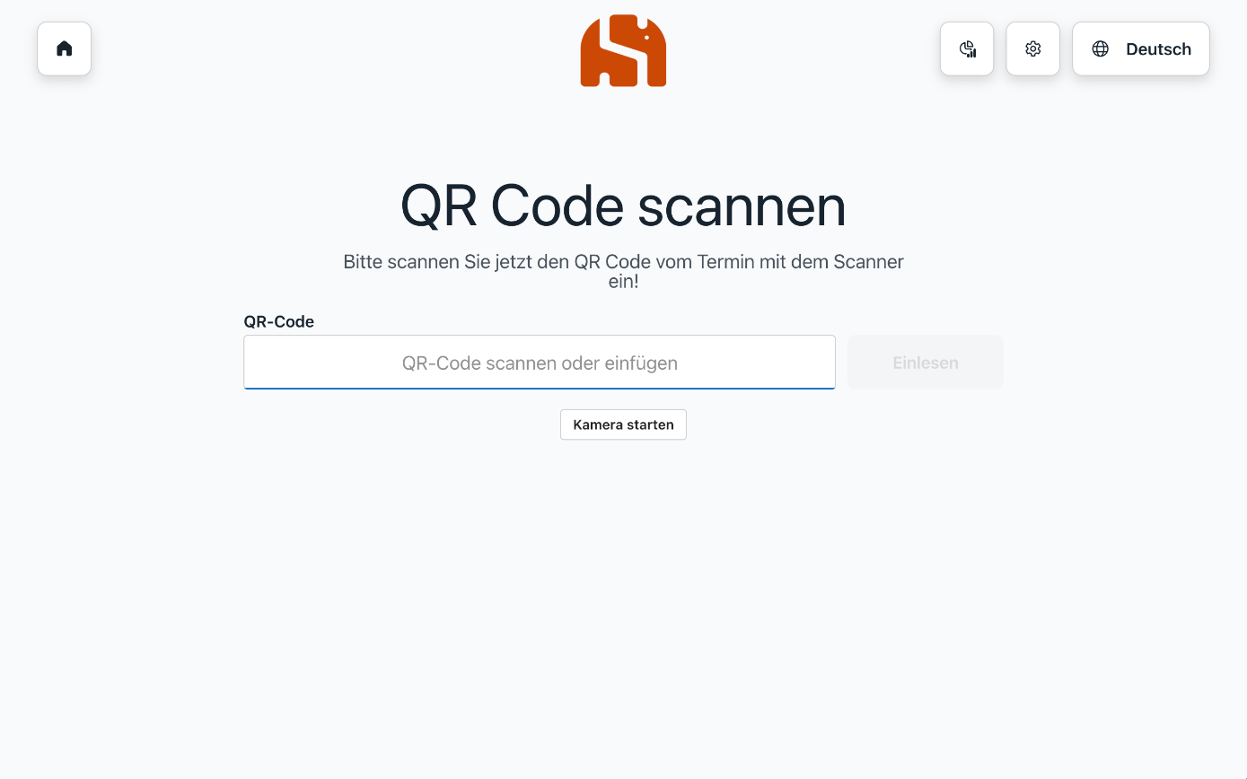 Seite QR Code scannen mit Eingabefeld und der Schaltfläche Kamera starten