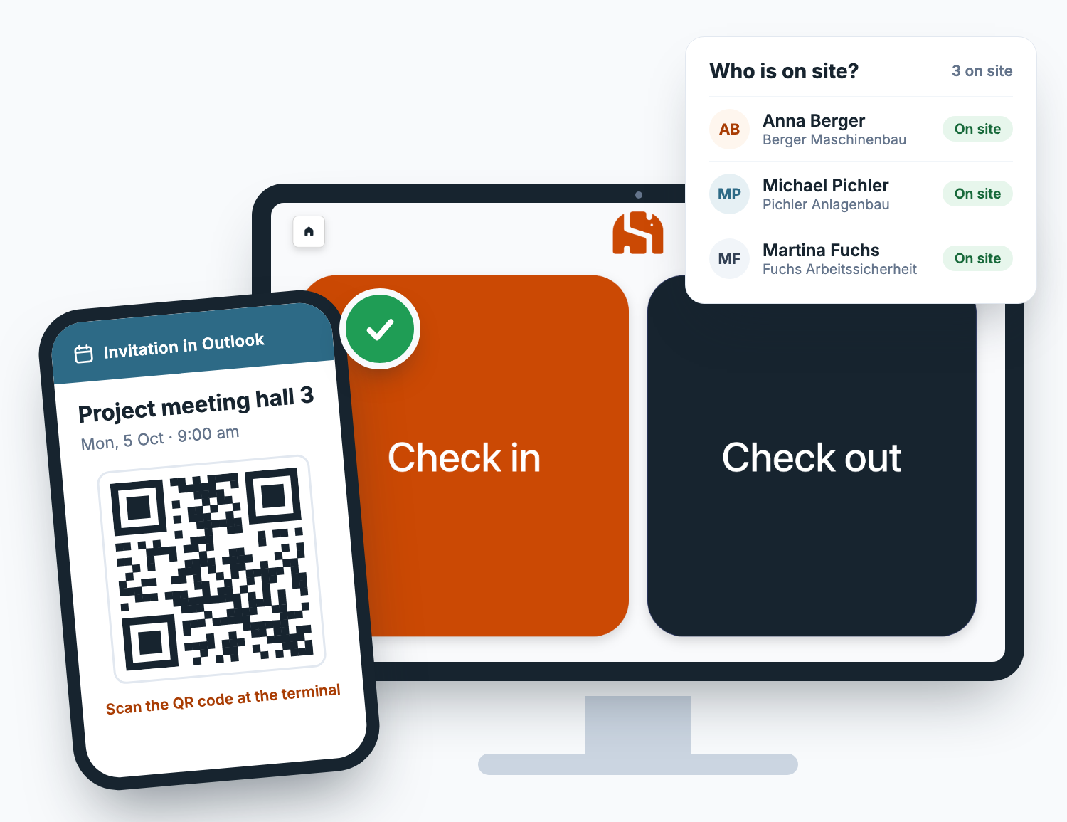 Illustration: Outlook invitation with a QR code on a smartphone, the visitor terminal with the Check in and Check out buttons and a list of the visitors currently on site
