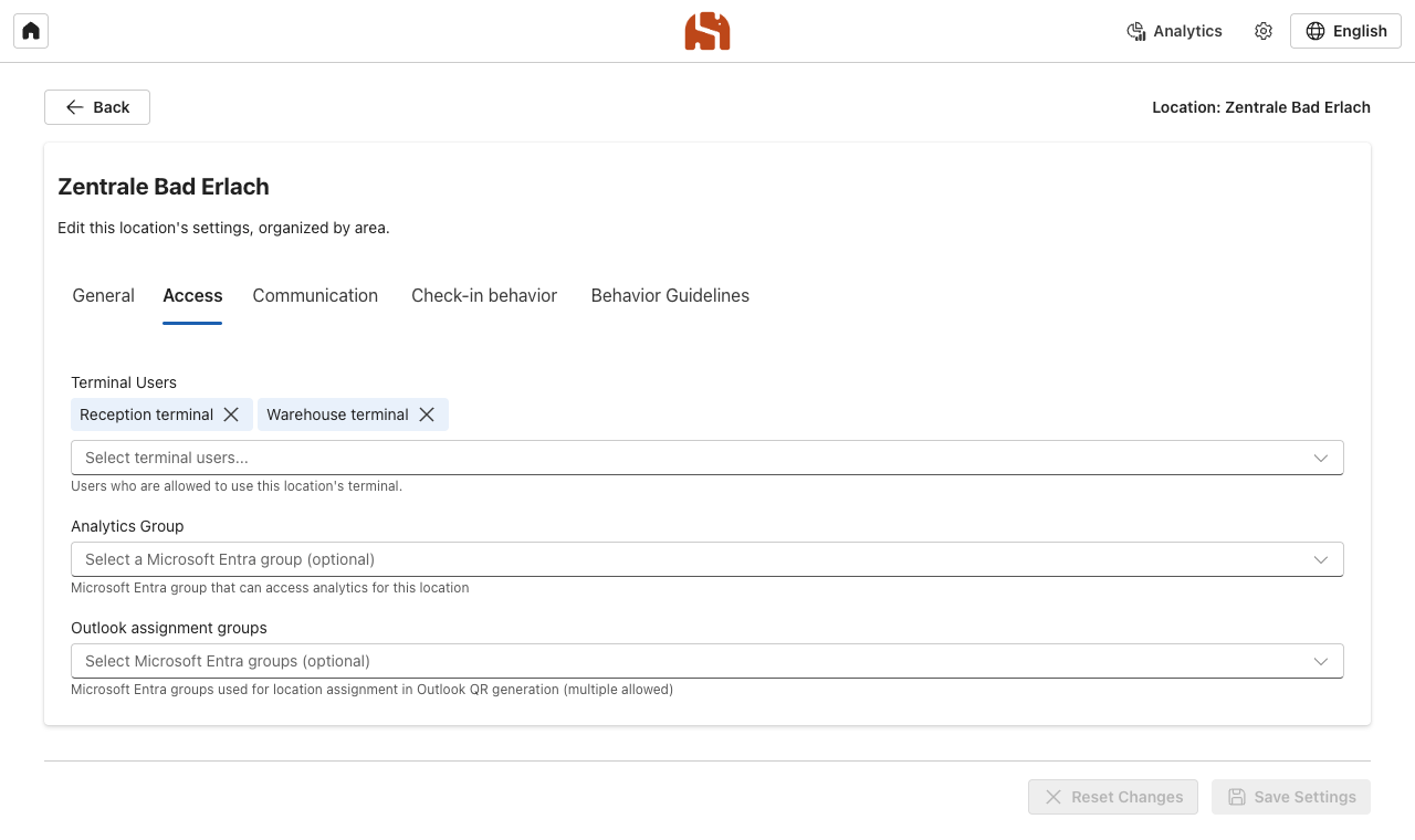 Access tab with Terminal Users, Analytics Group and Outlook assignment groups