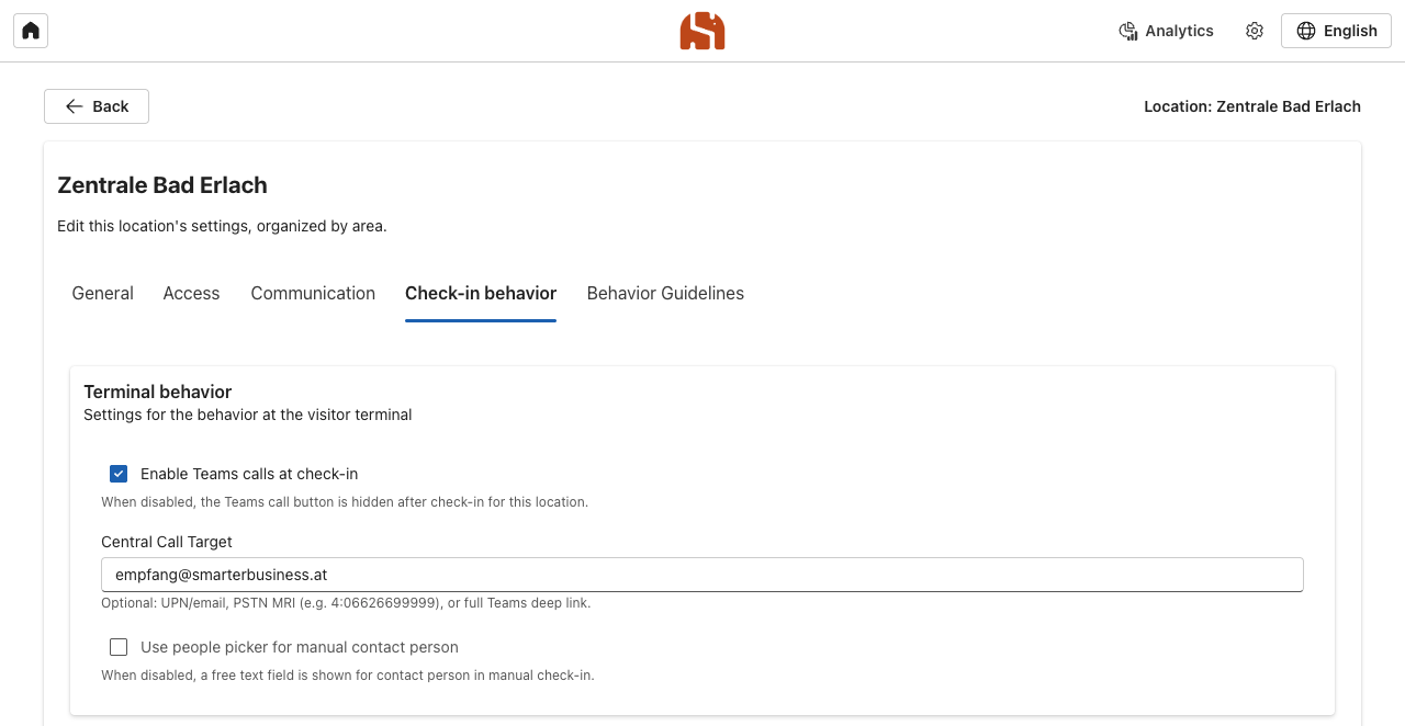 Check-in behavior tab with Teams calls, Central Call Target and people picker