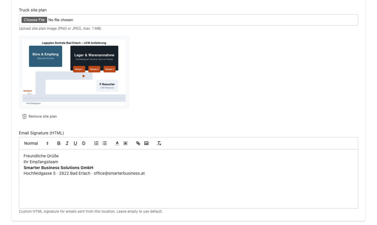 Communication tab with an uploaded Truck site plan and the Email Signature