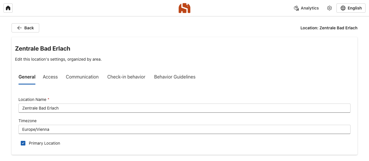 Detail page of a location with the tabs General, Access, Communication, Check-in behavior and Behavior Guidelines