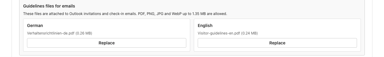 Guidelines files area with one uploaded PDF file each for German and English