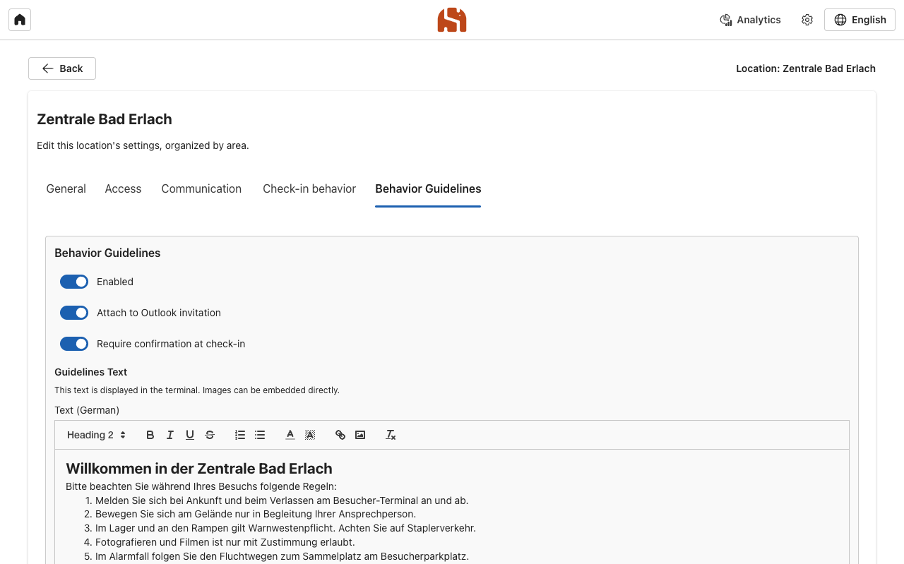 Behavior Guidelines tab with three toggles and the text editors for German and English