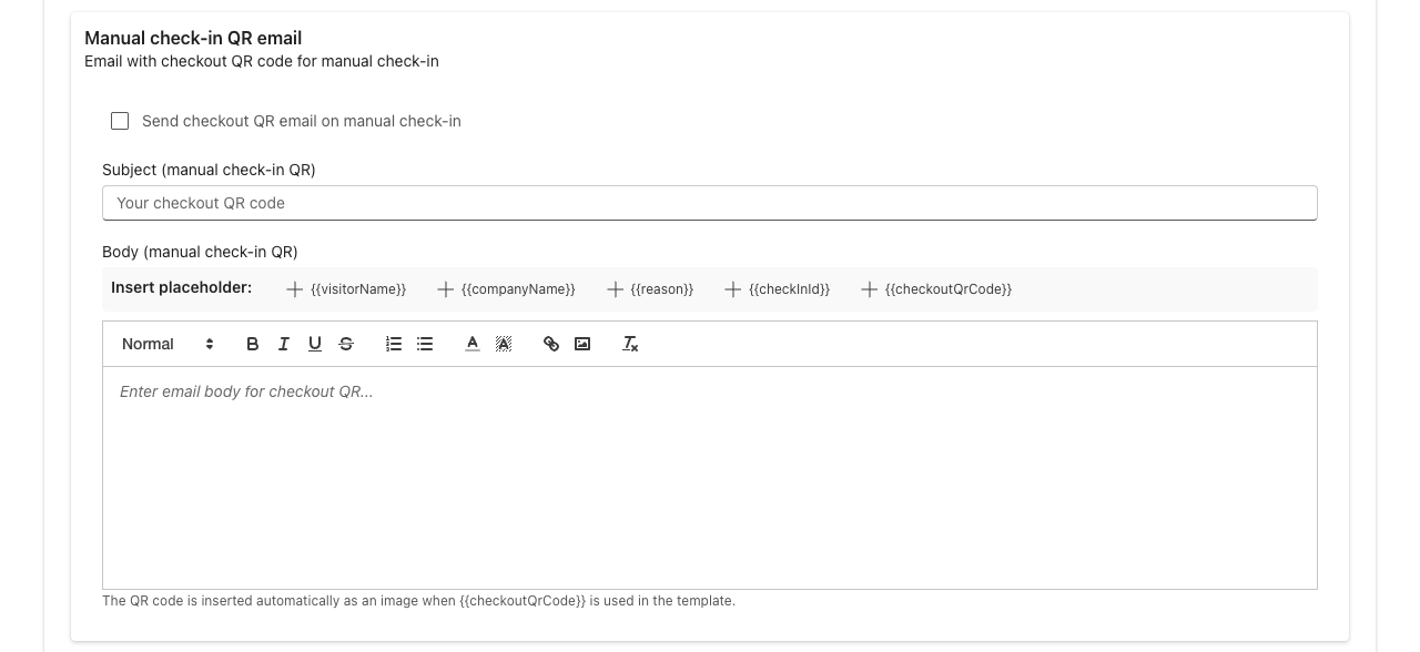 Email template for the manual check-in with buttons for inserting placeholders