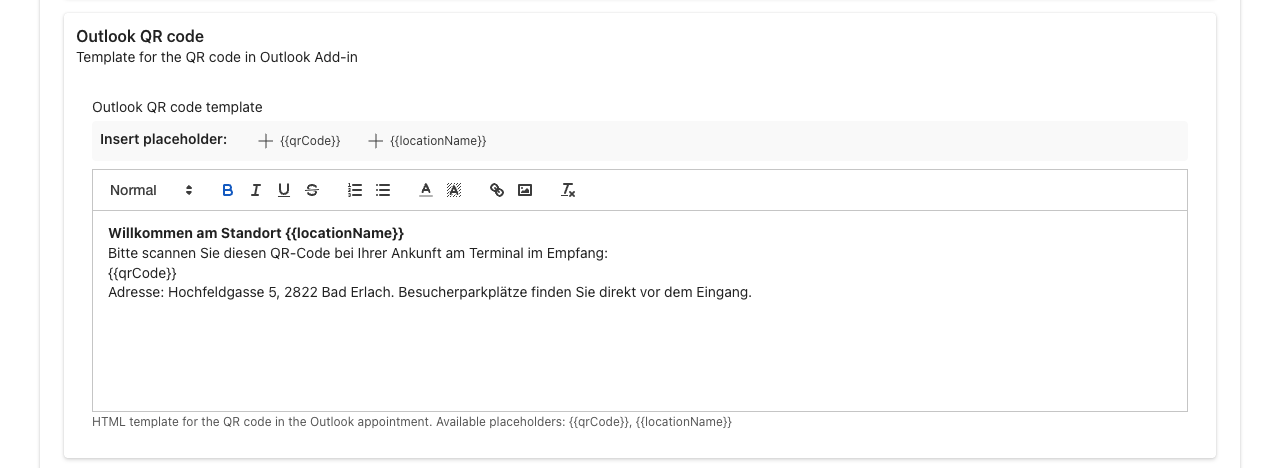 Editor for the Outlook QR code template with the placeholders qrCode and locationName