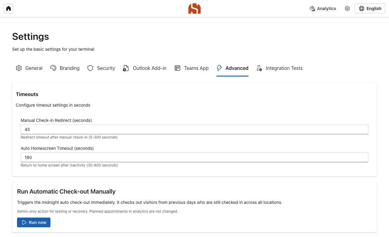 Advanced tab with Timeouts and the manual start of the automatic check-out