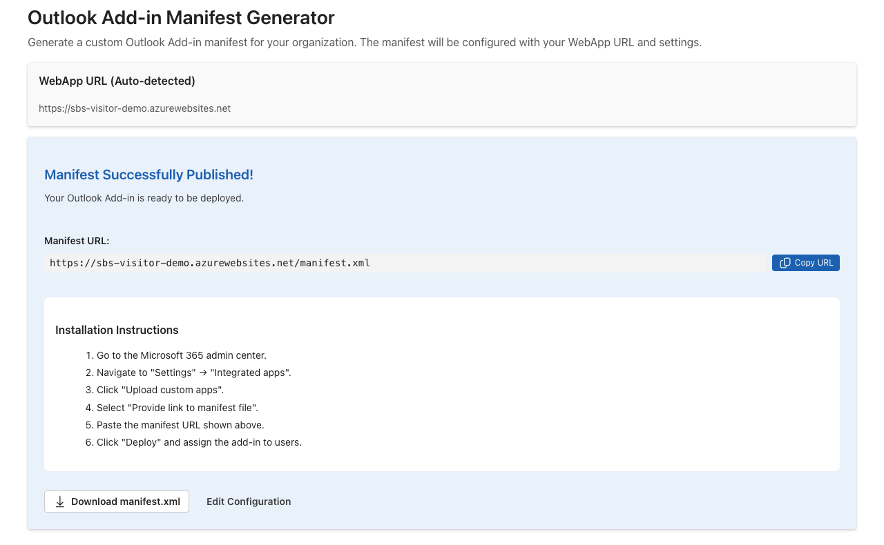 Confirmation after publishing with the manifest address and the download button